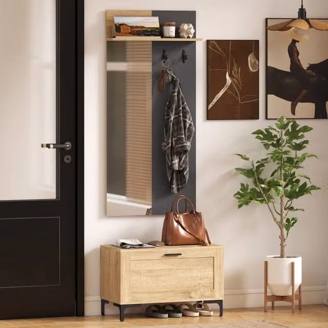 Set guardaroba per ingresso con specchio e panca portascarpe in MDF naturale e grigio