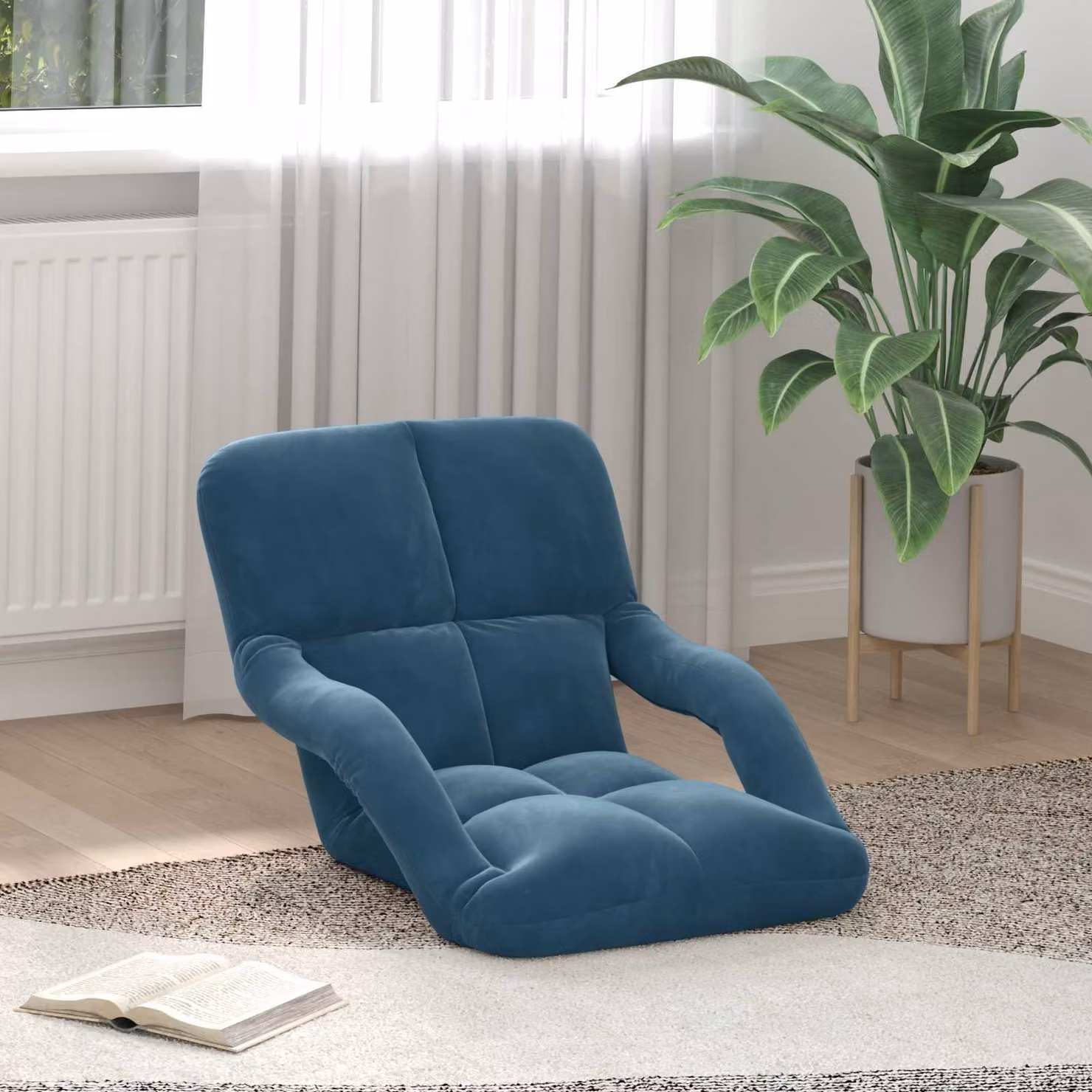 Sedia da pavimento regolabile vidaXL in velluto blu con braccioli e struttura in metallo