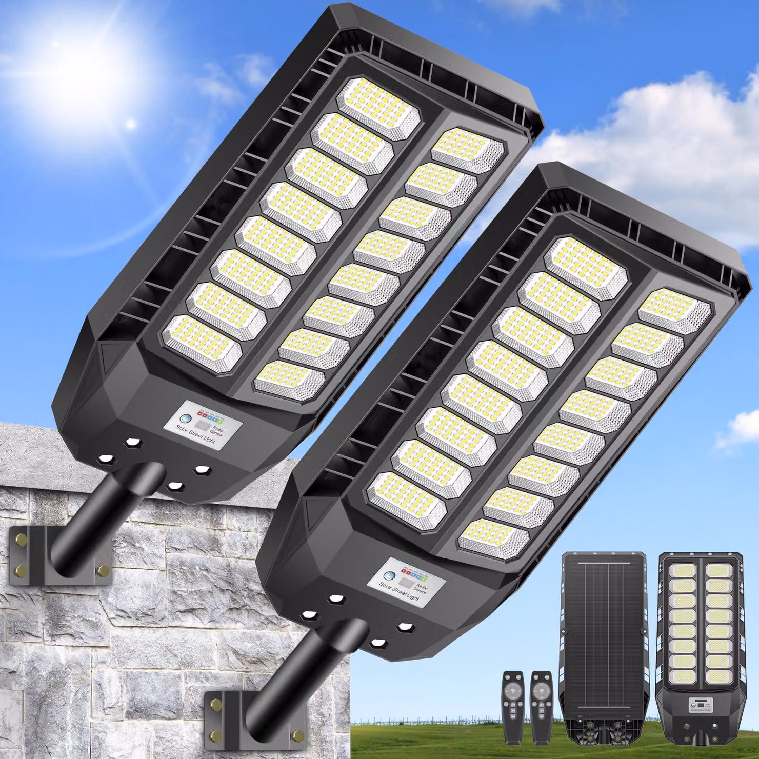 2 lampioni solari da 800 W con sensore di movimento, grado di protezione IP66, luce bianca fredda, 40000 lumen