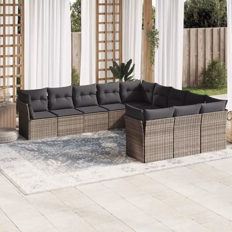 vidaXL Set Divani da Giardino 11 pz a Forma a U in Polyrattan Grigio con Cuscini e Struttura in Acciaio Verniciato a Polvere