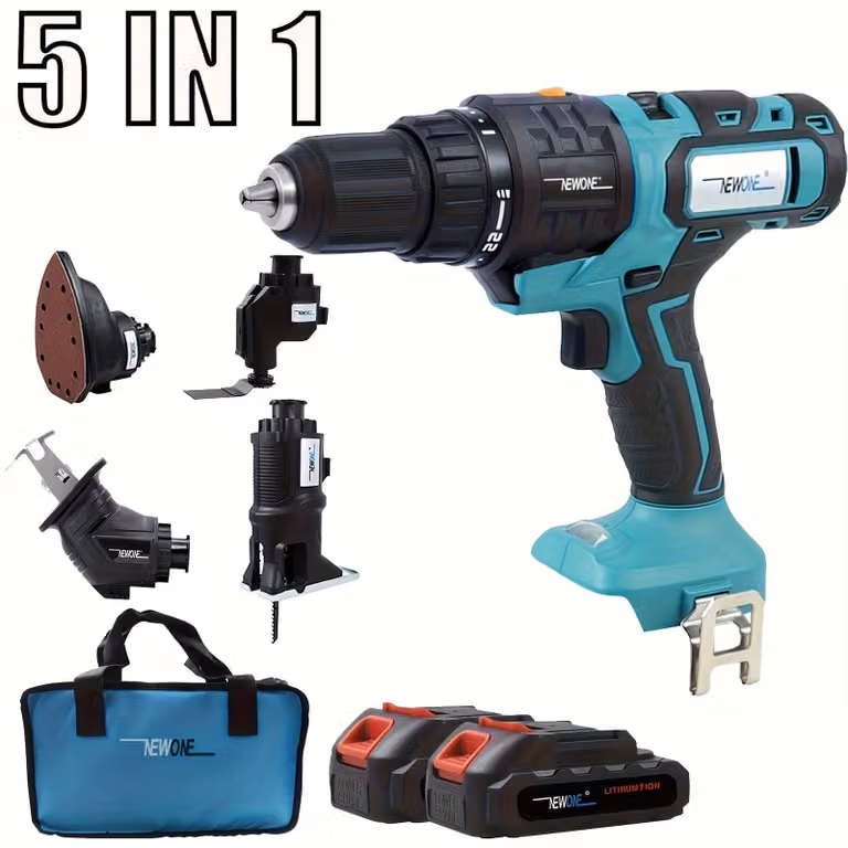 Set di utensili Accu - 5 in 1 - Trapano - Seghetto - Multitool - 2 batterie