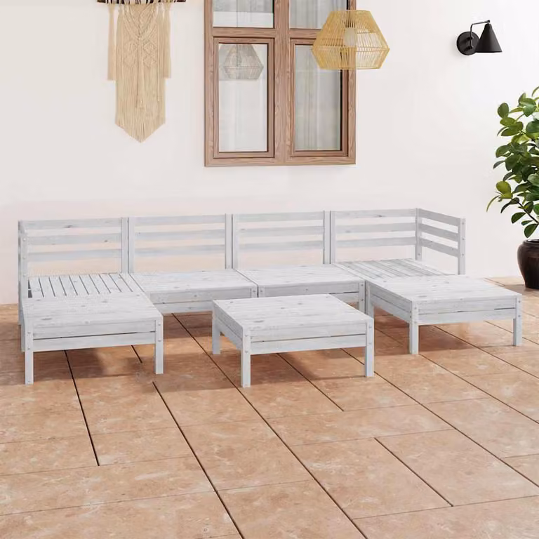 Set Salotto da Giardino vidaXL a Forma a L in Legno di Pino Bianco con Cuscini e Ottoman 7 Pezzi