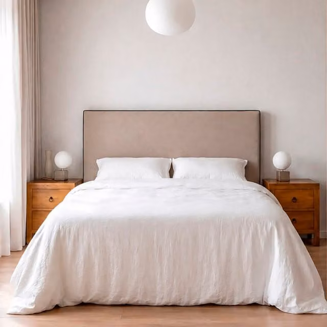 Testiera imbottita Madary Banak in tessuto beige per letto da 150 e 160 cm, H 165 x L 120 cm