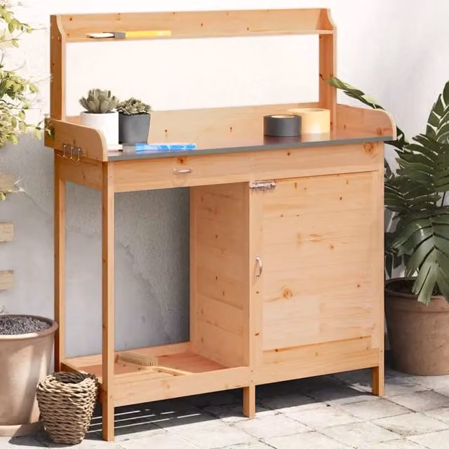 Tavolo Invaso Mobile-Tavolo da Lavoro con Ripiani Marrone 110,5x45x124,5cm Massello Abete