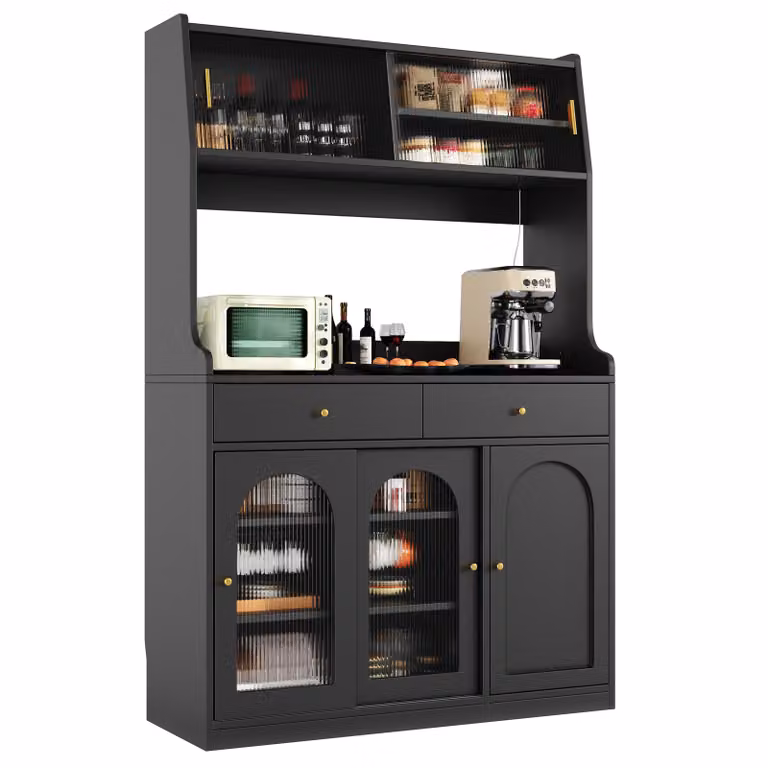 Armadio alto Flieks con LED e ante scorrevoli in vetro, mobile contenitore 120x40x180 cm, buffet da cucina con ripiani regolabili, nero