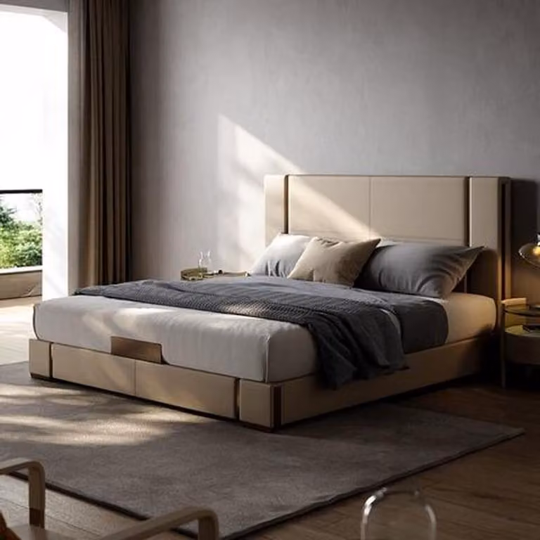 Exklusives Beiges Doppelbett Designer Kopfteil Hochwertiges Bett