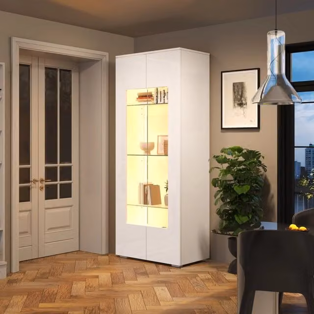 Vetrina da soggiorno moderna bianca con ante in vetro, luci LED integrate e 4 ripiani, L: 70 cm, P: 40 cm, H: 173 cm