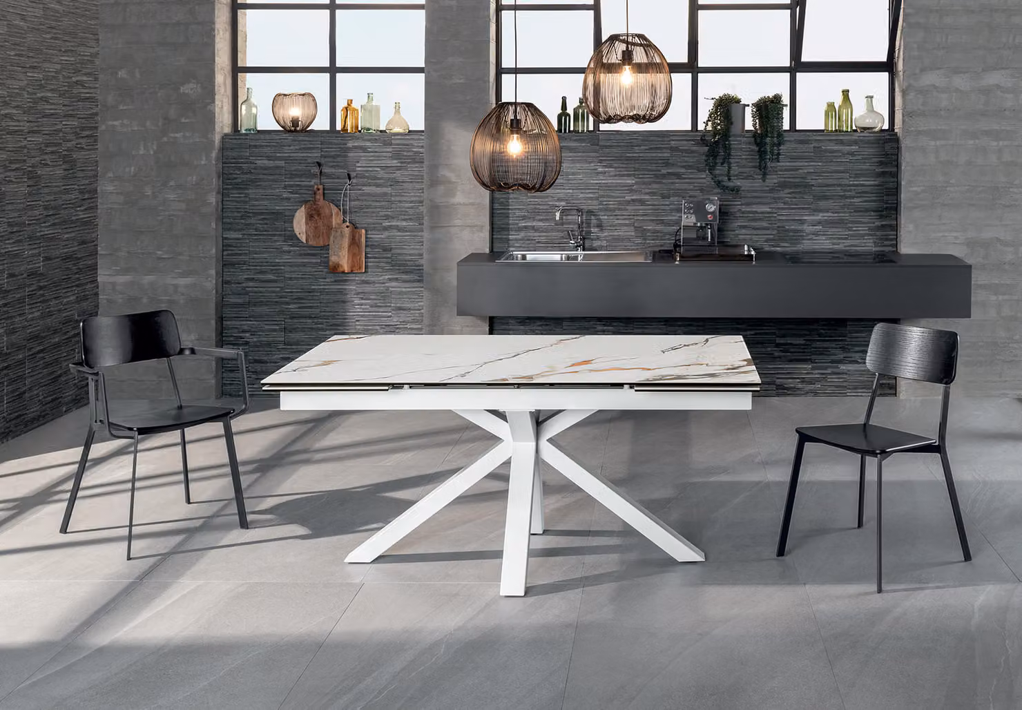 E-STYLO Tavolo allungabile Stones con top in ceramica marmo Calacatta Borghini opaca e base in metallo bianco L/P/H: 160 x 90 x 76 cm (allungabile fino a 240 cm) – 2