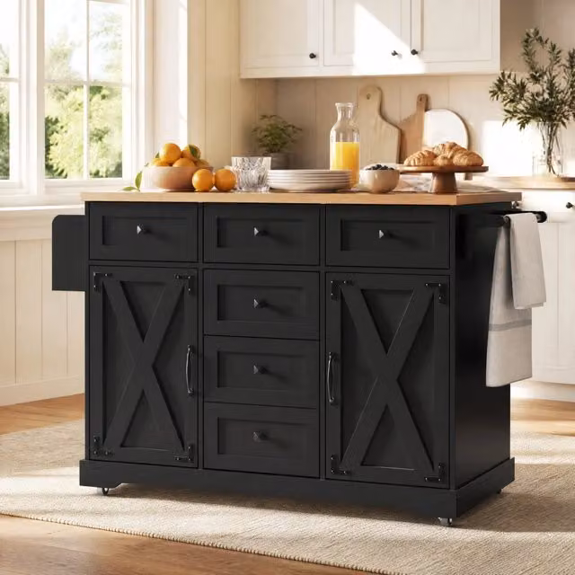 Isola cucina pieghevole multifunzionale in MDF e metallo, carrello da servizio con ampio spazio, colore nero