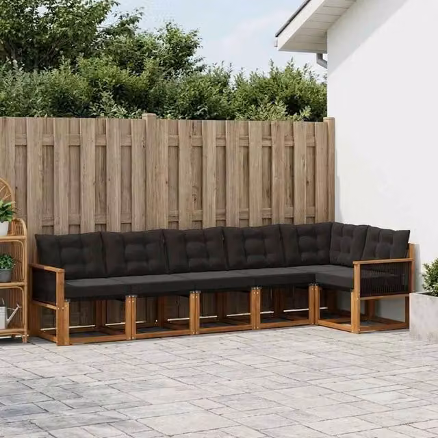 Set di divani da esterno a L vidaXL in legno di acacia e textilene, colore marrone e nero, composto da 6 pezzi con cuscini inclusi – 1
