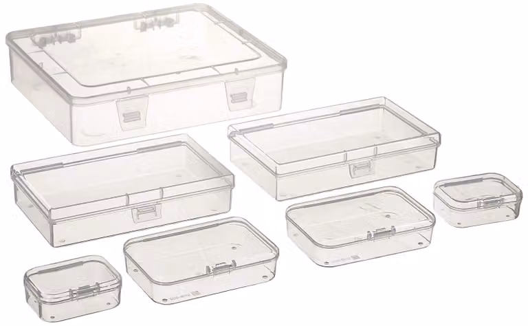 Omgoods - Set di 7 scatole portaoggetti - Plastica trasparente - Coperchio a cerniera - Scatole rettangolari - Ideali per organizzare piccoli oggetti - Perfette per lavori manuali - Contenitori portaoggetti