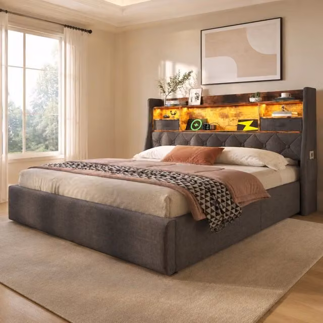 Letto contenitore 140x200 cm grigio rivestimento in lino, LED e porte USB, senza materasso