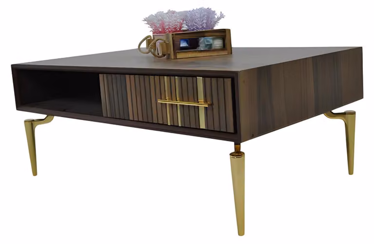 Stilvoller Couchtisch mit eleganten goldenen Beinen und Schublade