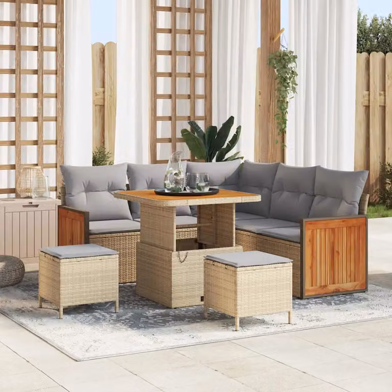 Set Divano da Giardino vidaXL 9 Pezzi a Forma di L con Tavolino e Pouf, Colore Beige e Grigio, Struttura in Metallo e Legno di Acacia