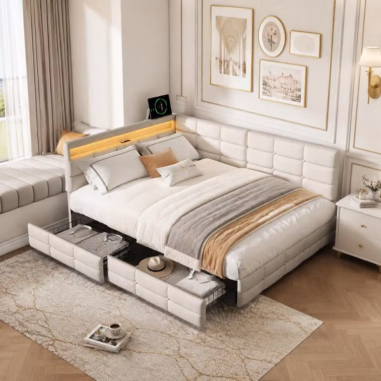 Letto imbottito INONEFT, 140 x 190 cm, modello a L con spazio contenitivo, letto matrimoniale con LED e USB, letto per ragazzi con rete a doghe e 2 cassetti, rivestito in lino, colore beige