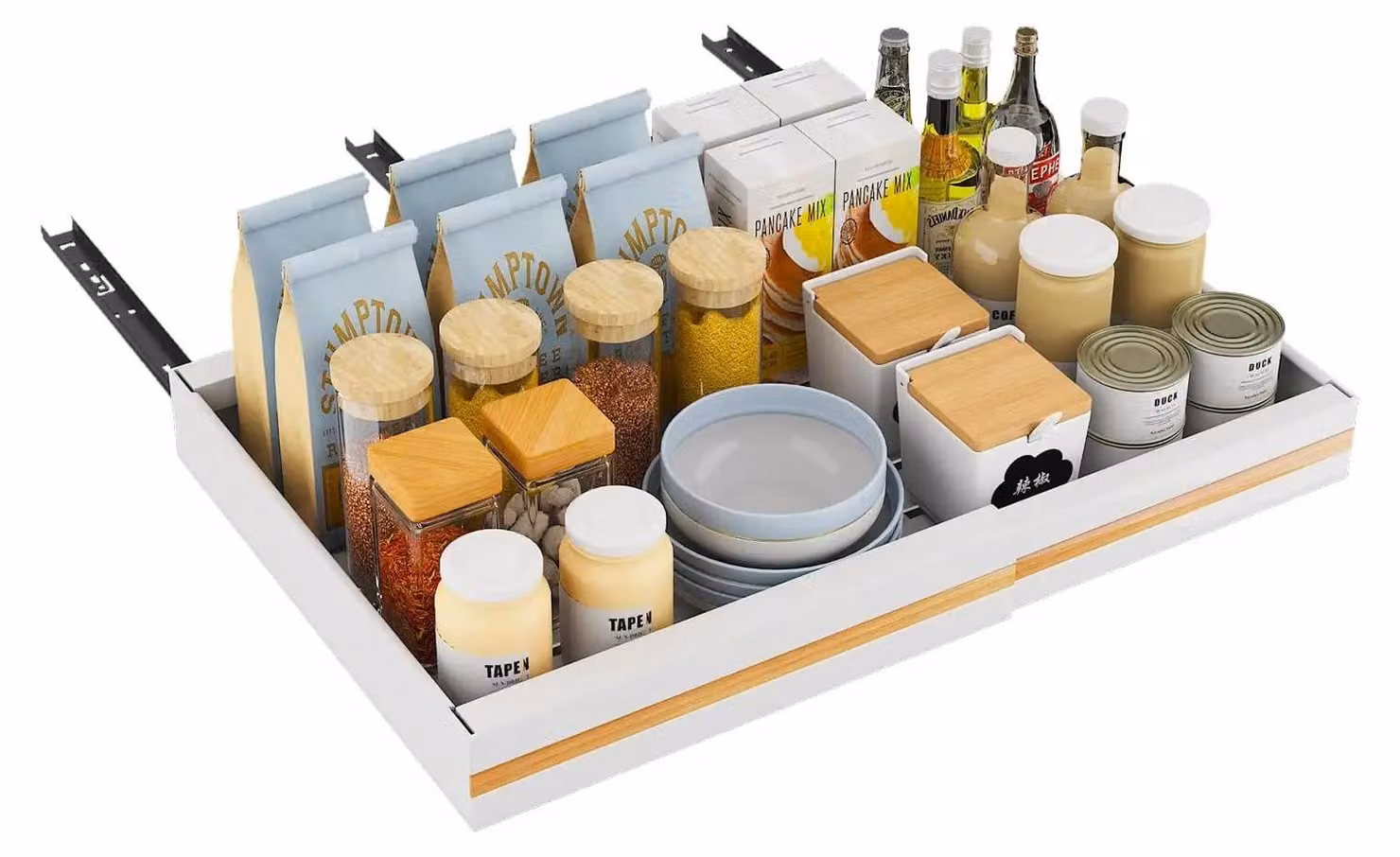 Organizzatore estraibile per armadietti da cucina - Cesto in acciaio inossidabile - Montaggio senza foratura - Guide scorrevoli - Contenitore per spezie e posate - Adatto per cucina, bagno o dispensa - Bianco