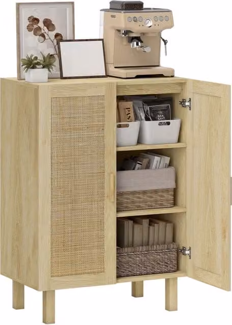 Armadio a due ante Minimal in legno e rattan stile boho, colore beige e marrone, L: 73 cm, P: 41 cm, H: 102 cm