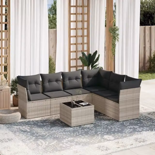 Set Divani da Giardino 7pz con Cuscini Grigio Chiaro Polyrattan 3249531