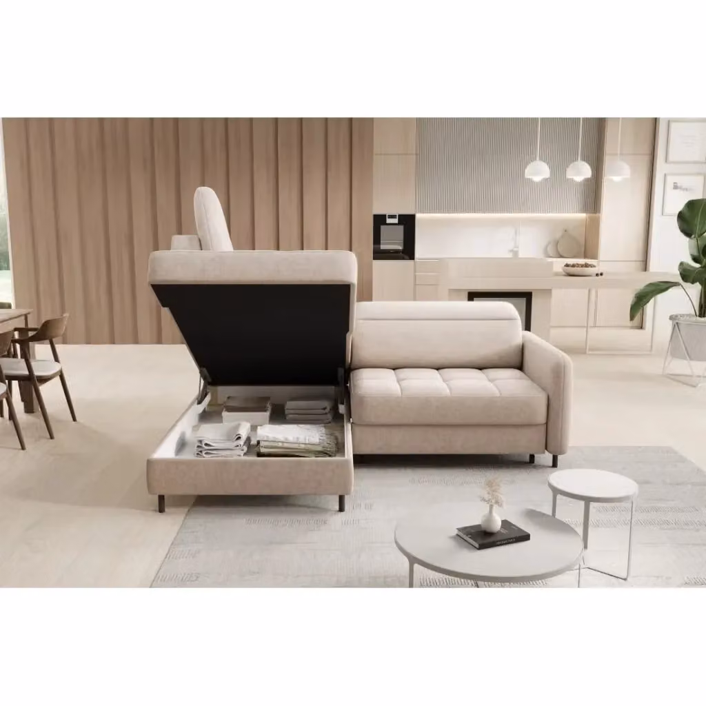 Divano ad angolo sinistro convertibile BARNEA MEUBLORAMA beige con contenitore e funzione letto – 2