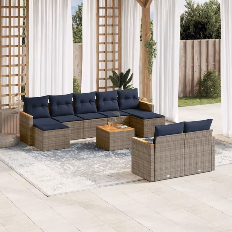 Set di divani da giardino vidaXL in polyrattan con cuscini e tavolino da esterno, design moderno a L, colore grigio e blu