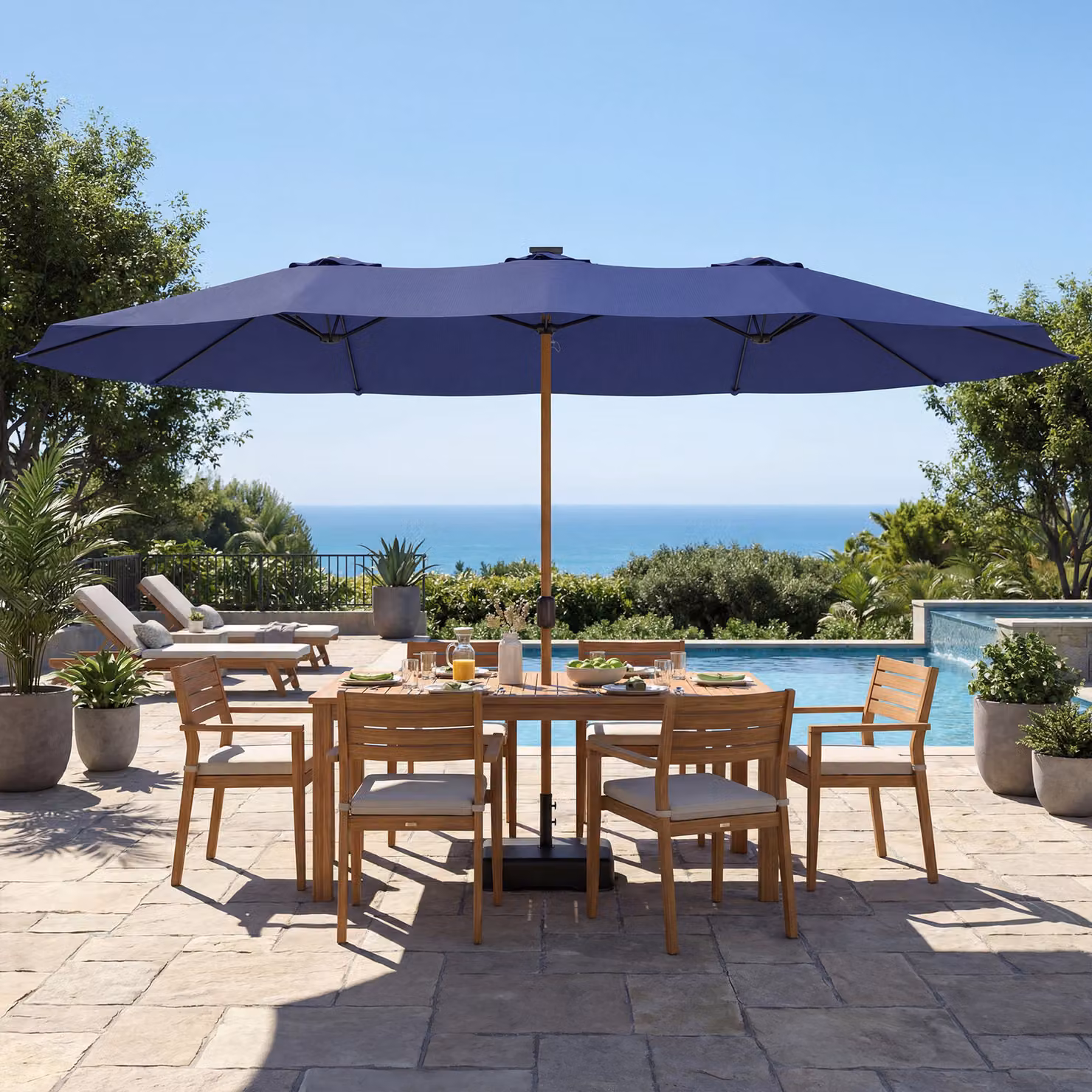 Ombrellone Doppio Outsunny con 12 Stecche, Manovella e Base a Croce, Blu Scuro, 4,7 x 2,8 m – 2