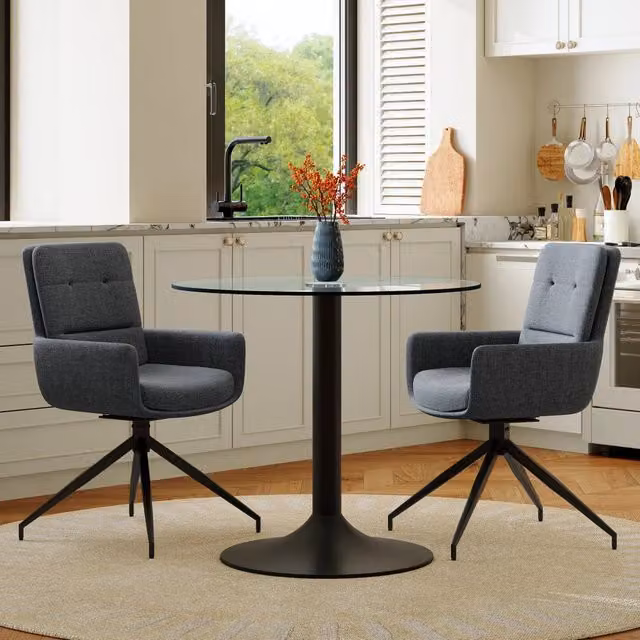 Set tavolo da pranzo rotondo in vetro temperato con 2 sedie girevoli grigio scuro