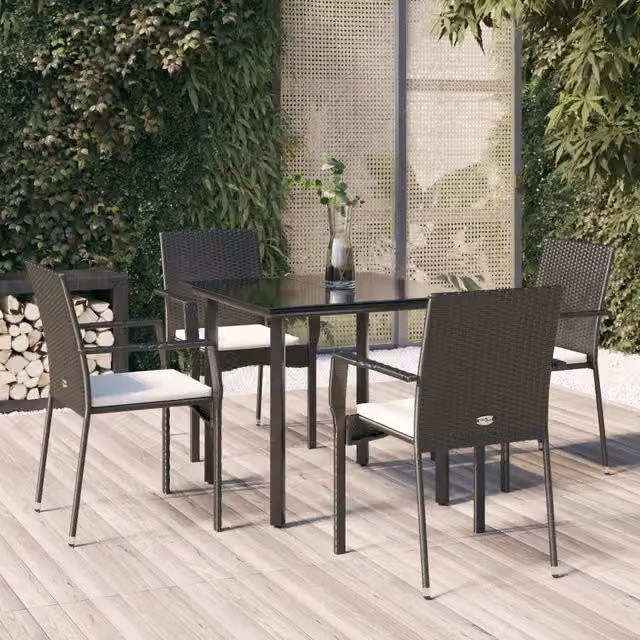 Set da Pranzo da Giardino Moderno vidaXL in Polyrattan Nero con Cuscini e Tavolo in Vetro, 5 Pezzi