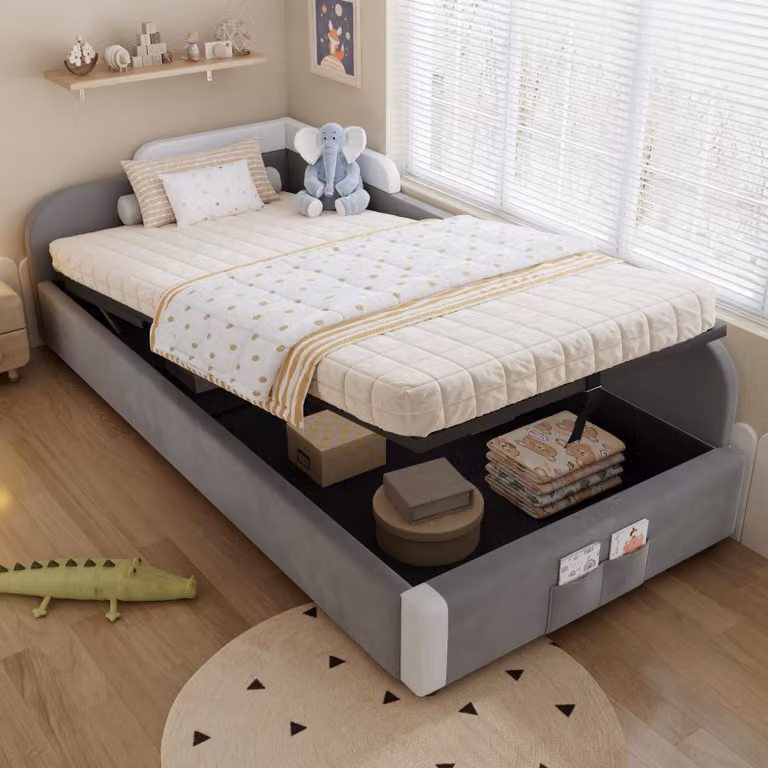 Letto imbottito idraulico Flieks 90x200cm con schienale, letto per bambini letto singolo con contenitore, letto contenitore letto per ragazzi, velluto, grigio