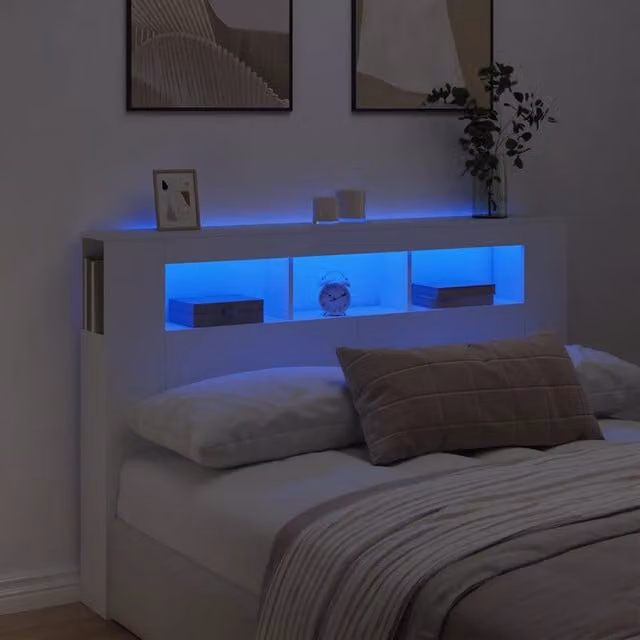 Testiera con Luci LED Design Mania Bianca in Legno Multistrato con Mensola e Porta USB L/P/H: 160 x 18,5 x 103,5 cm