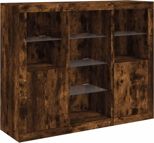 Set di 3 mobili contenitori moderni con luci LED integrata per cucina e soggiorno in legno ingegnerizzato marrone opaco