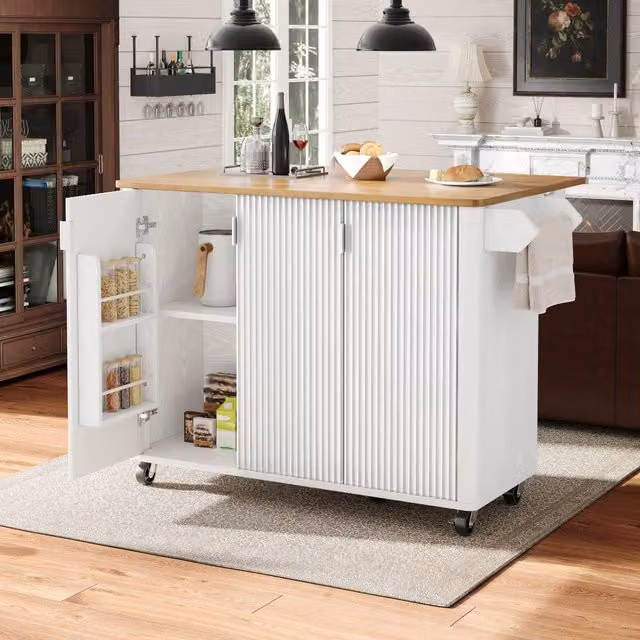 Isola da cucina moderna REDOM in MDF bianco opaco con ruote L: 130 cm, P: 45 cm, H: 92 cm – 1