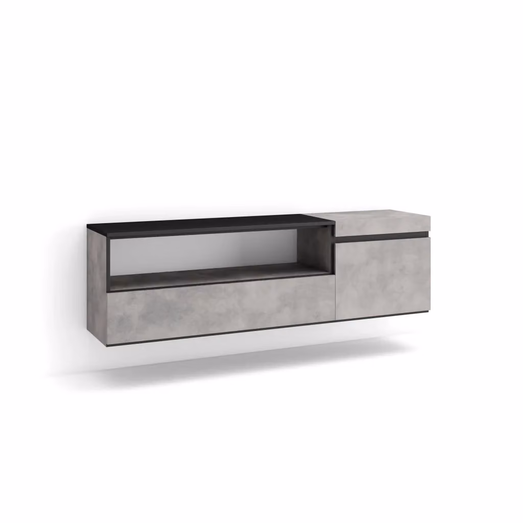 Mobile TV da soggiorno SKRAUT HOME moderno da appendere, L: 150 cm, P: 35 cm, H: 45 cm, grigio cemento e nero con dettagli in legno – 2