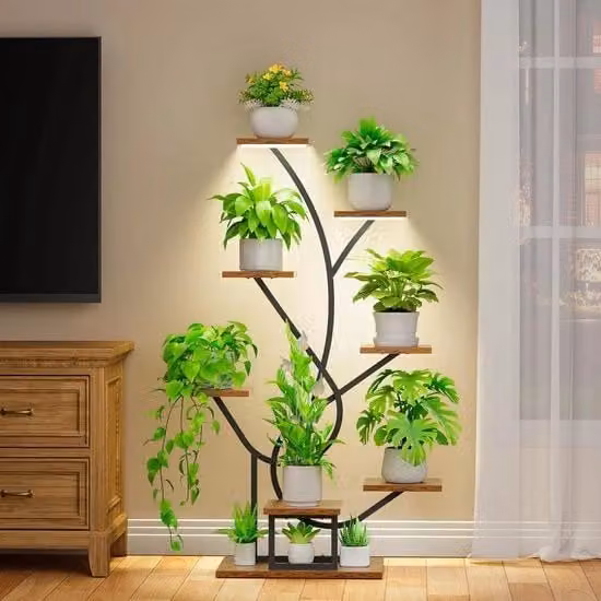 Scaffale per piante con luce LED 8 livelli 126 cm metallo e legno, scala per piante per giardino interno e balcone decorativo