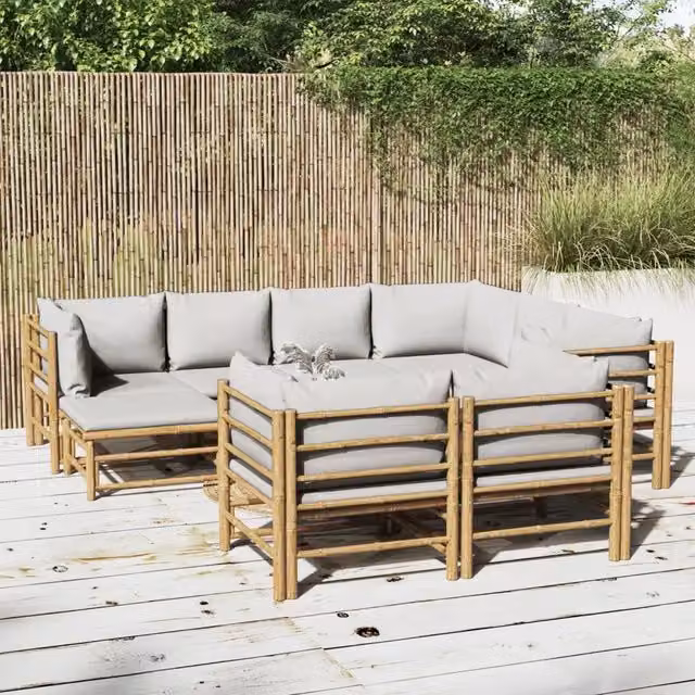 Set Salotto da Giardino vidaXL in Bambu con 10 Pezzi e Cuscini Grigio Chiaro