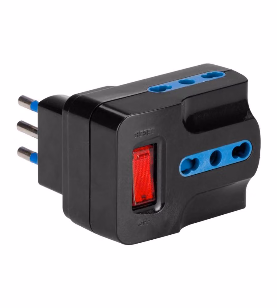 Adattatore con spina "piccola" 10A 2P+T - 3 prese bivalenti - Nero