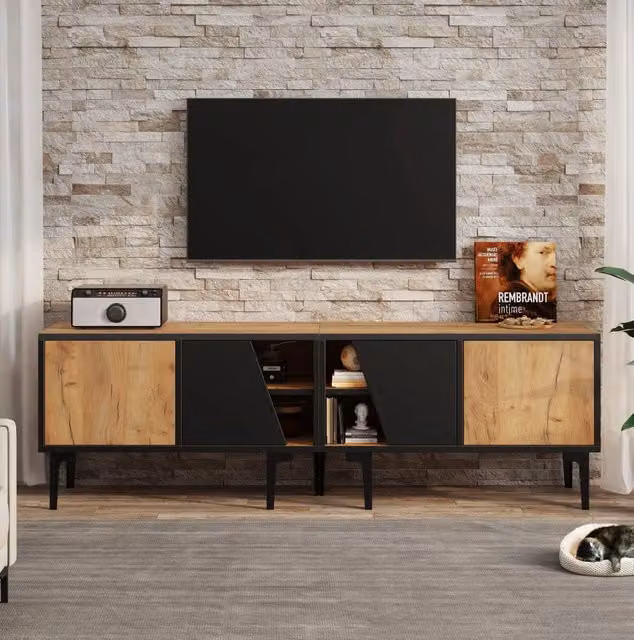 Mobile TV 160x36.5x45 cm con 4 scomparti e 7 piedini in truciolato naturale e nero