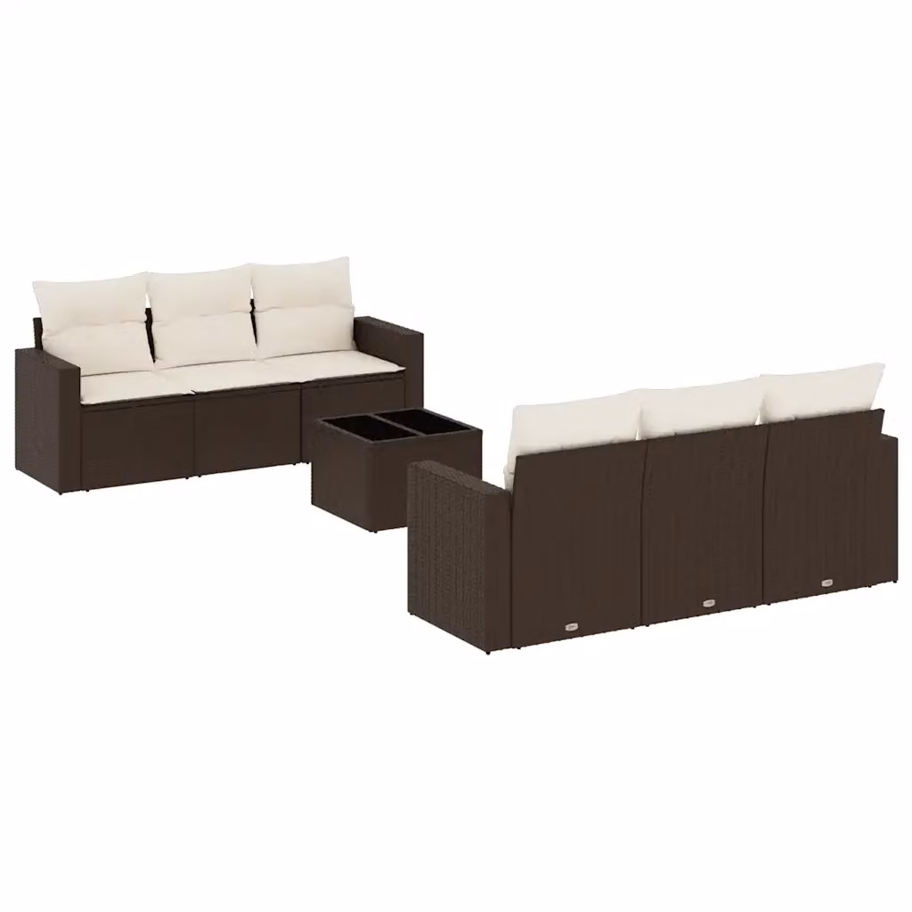 Set di divani da giardino vidaXL a forma di L composto da 7 pezzi con cuscini marroni e bianchi in rattan e struttura in metallo per esterno – 2