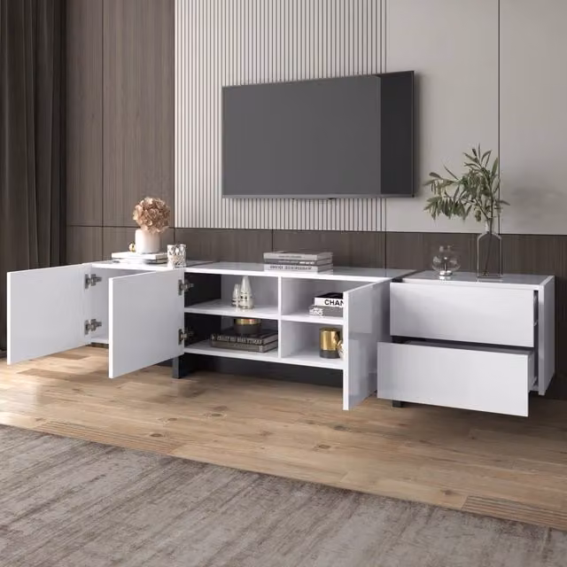 Mobile porta TV in truciolato con 3 ante e 2 cassetti bianco lucido con piedini neri per soggiorno 190 × 35 × 45 cm