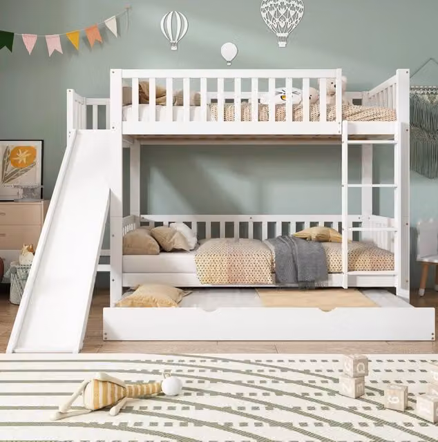 Letto a castello bianco 90x200 cm con letto estraibile, scivolo e scale