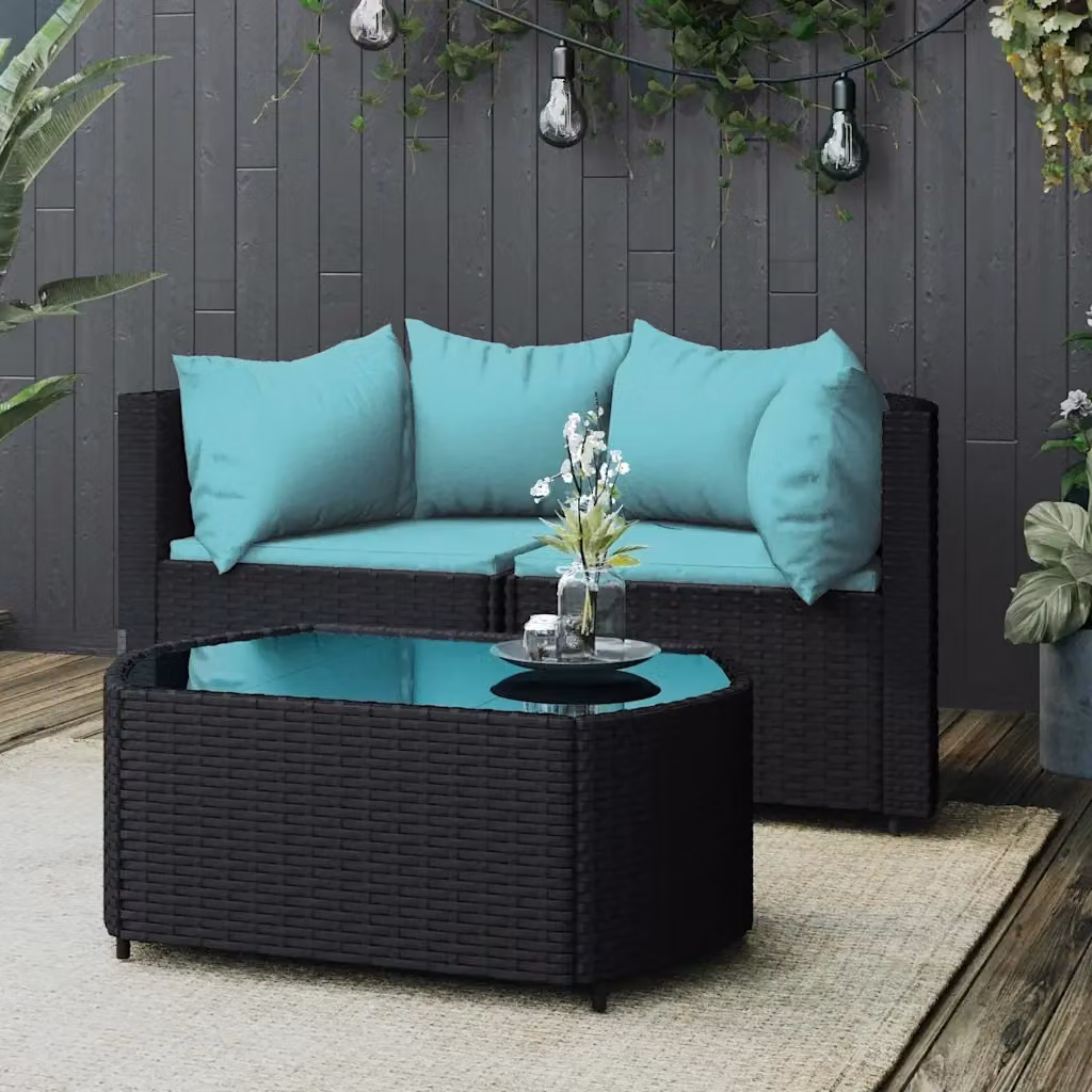 Set Salotto da Giardino Moderno a L con Divano a 3 Posti, Elemento Angolare e Tavolino, Nero e Blu con Cuscini in Schiuma e Struttura in Acciaio Verniciato a Polvere – 2