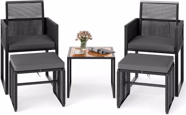 Set da giardino in rattan PE da 5 pezzi con pouf, Poltrone lounge da giardino salvaspazio Nero-Set mobili da esterno