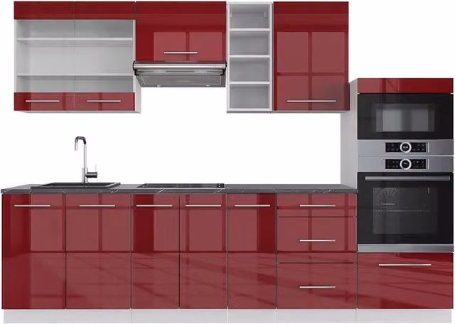 Cucina componibile moderna Vicco Fame-Line Bordeaux lucido e Bianco con piano Antracite, L: 280 cm
