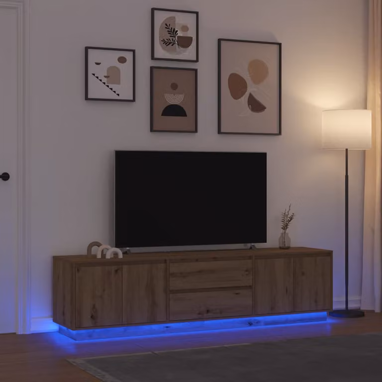 Mobile Porta TV vidaXL con Luci LED in Rovere Artigianale e Colore Marrone, L: 193,5 cm, P: 41 cm, H: 50 cm