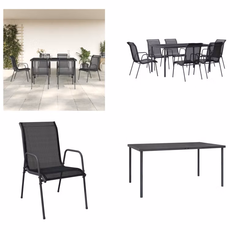 vidaXL set da pranzo da giardino 7 pezzi acciaio nero e textilene - set da pranzo da giardino - gruppo di sedute da giardino - gruppo di sedute da esterno - tavolo da giardino