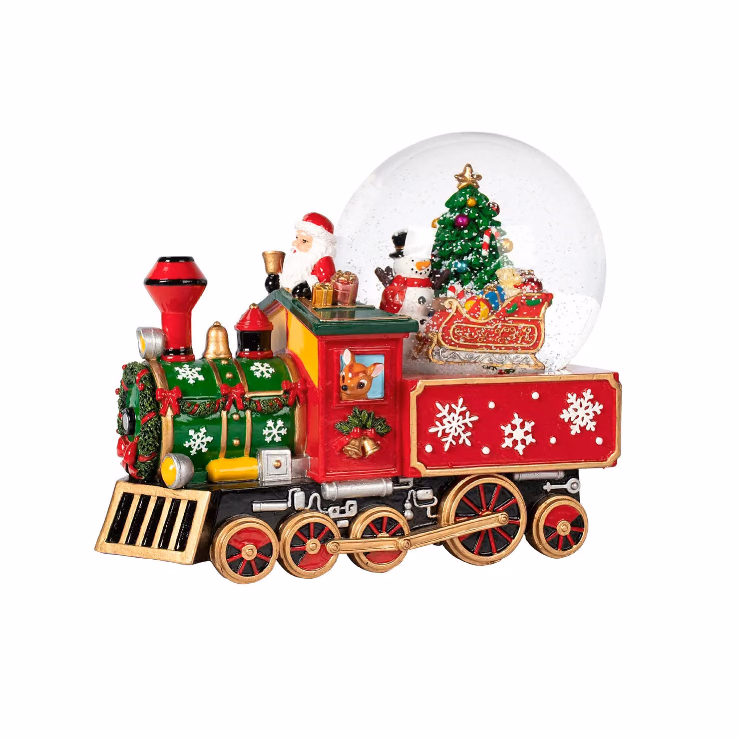 Carillon Musicale a Carica Meccanica con Sfera di Neve Trenino di Babbo Natale Vestiamo Casa, Colori Rosso, Verde e Oro, Altezza: 17,5 cm – 1