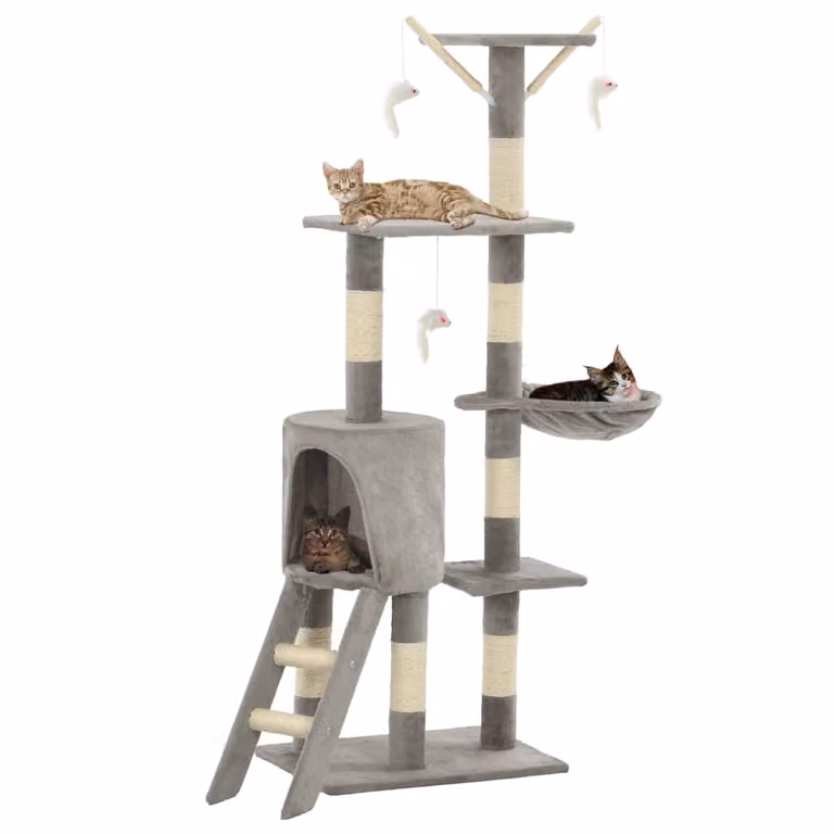 Albero per gatti vidaXL con tiragraffi in sisal, cave e giocattoli integrati, Grigio, Altezza: 138 cm