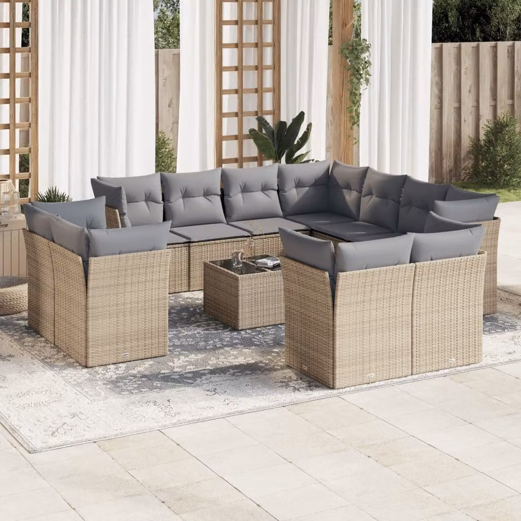 Set di Divani da Giardino vidaXL 12 pz a Forma a U con Cuscini Beige e Tavolino da Esterno in Polyrattan e Metallo