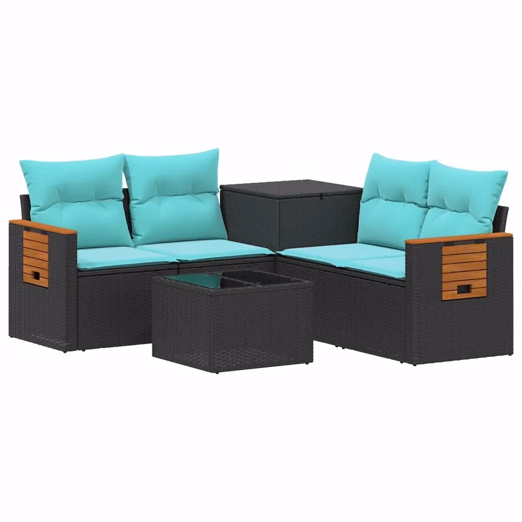 Set di divani da giardino vidaXL a forma di L composto da 6 pezzi con tavolino da caffè, in rattan e acciaio verniciato, colore nero e blu – 2