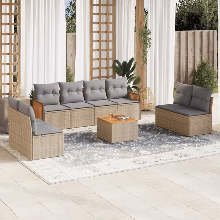 vidaXL Set Divano da Giardino 9 pz in Polyrattan con Cuscini Beige e Grigio