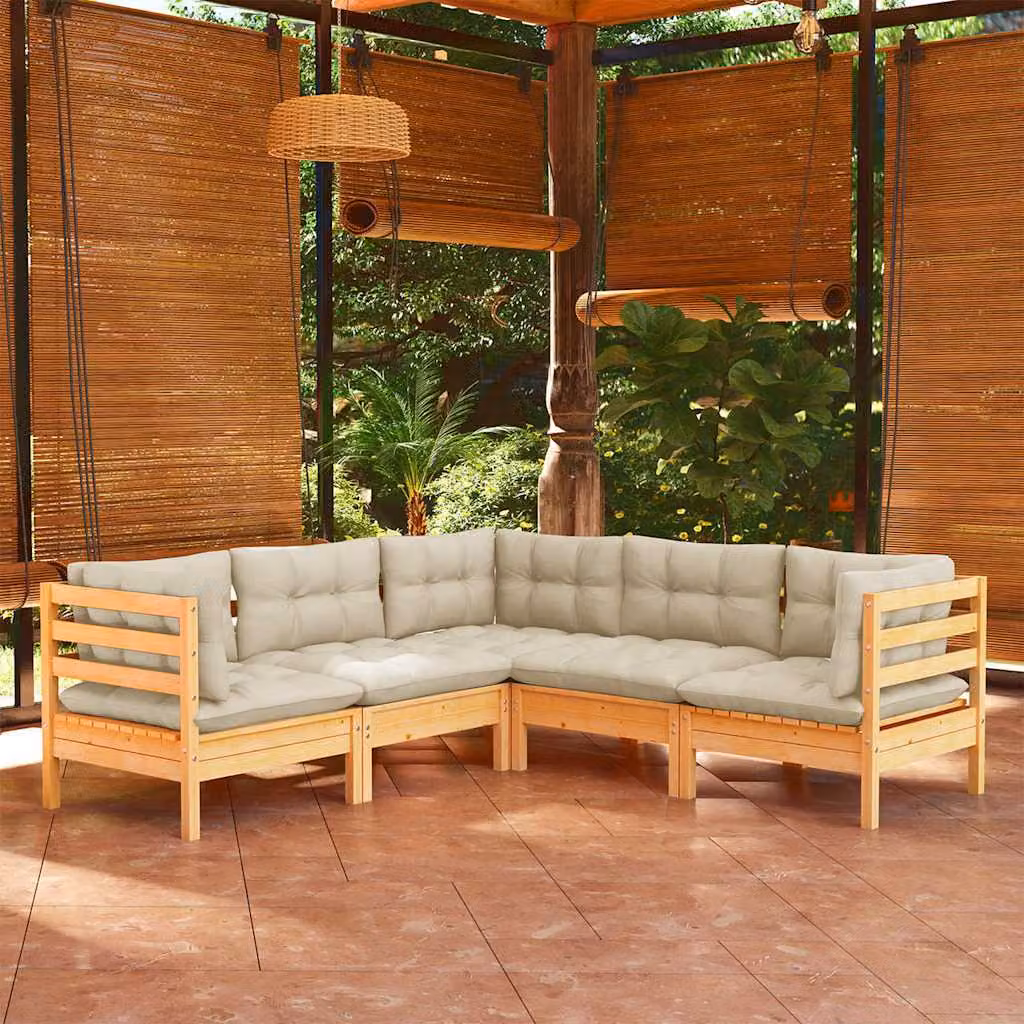 Set di divani da giardino vidaXL in legno di pino massello con cuscini beige, composizione a L da 5 pezzi